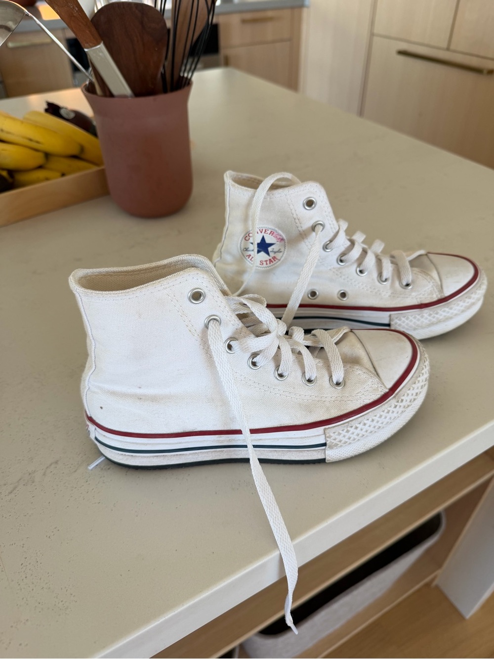 Converse White High Top Sneakers with Red & Black Stripe